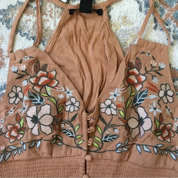 NWT Forever 21 boho gauze embroidered floral strappy button down crop top - Picture 10 of 10